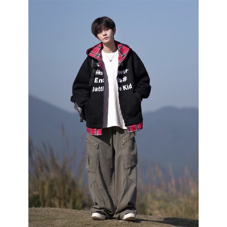 重磅假两件格子拼接连帽卫衣男女春秋季潮牌百搭情侣款开衫外套,女装短外套,星座715-4