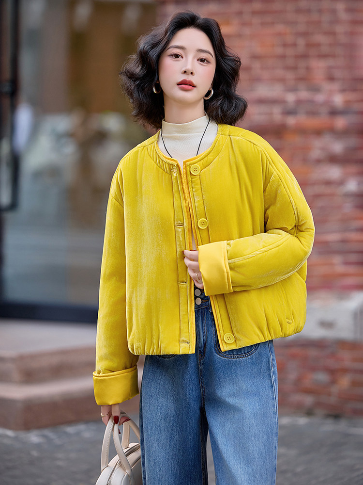 水衣源8815款冬季圆领短款宽松加棉丝绒棉服女纯色时尚外套,女装棉衣/棉服,水衣源
