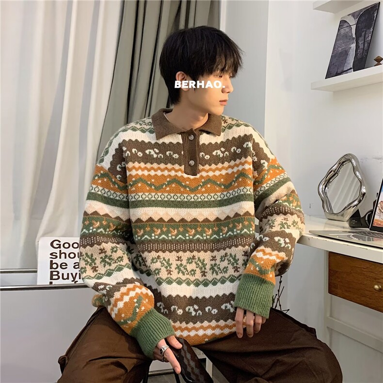 针织衫男韩版潮流拼色复古帅气2024冬季新款ins宽松毛衣MZ066-P58图片
