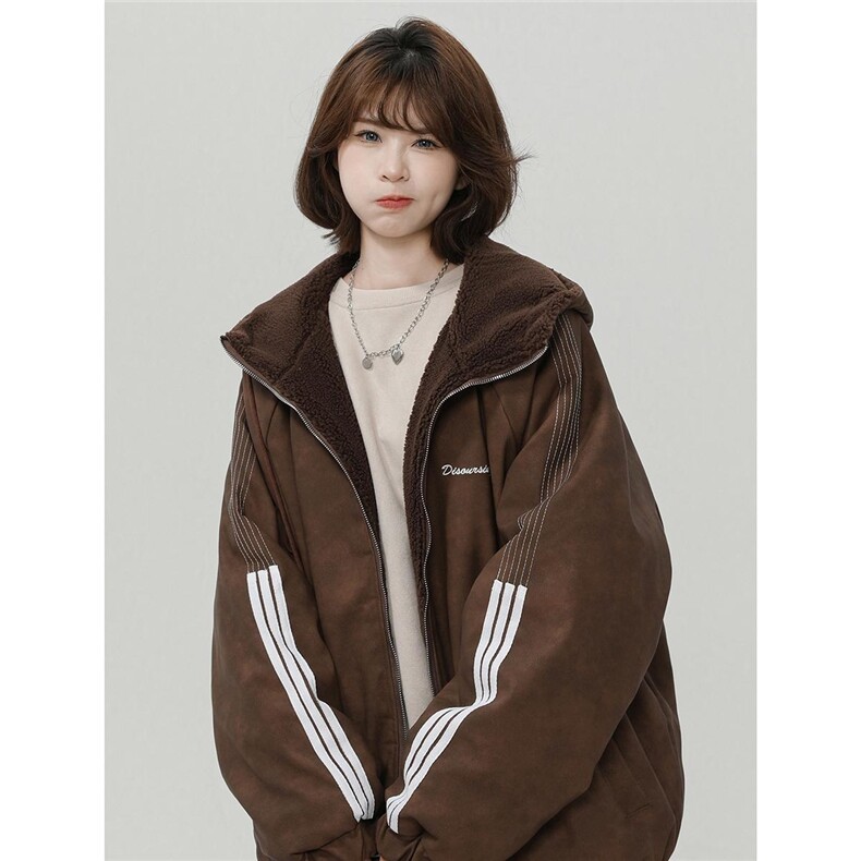 粉色美式连帽羊羔毛外套男加绒加厚棉服中性风三杠棉衣M02/P118,男装夹克,星座206（原A221）