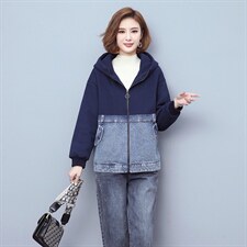 22021秋冬新款牛仔拼接连帽加绒外套，女装短外套，独衣靓