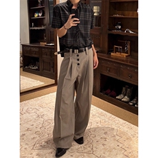 卡其色条纹西裤男秋季老钱风a字西装裤韩版潮流四折排扣微喇裤子，男装西服套装，星座813-2