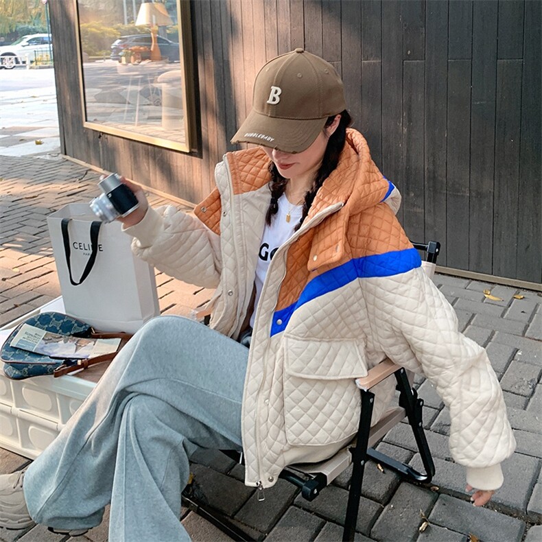 新款现货小个子撞色菱形格棉衣,女装棉衣/棉服,菡迪欧娜