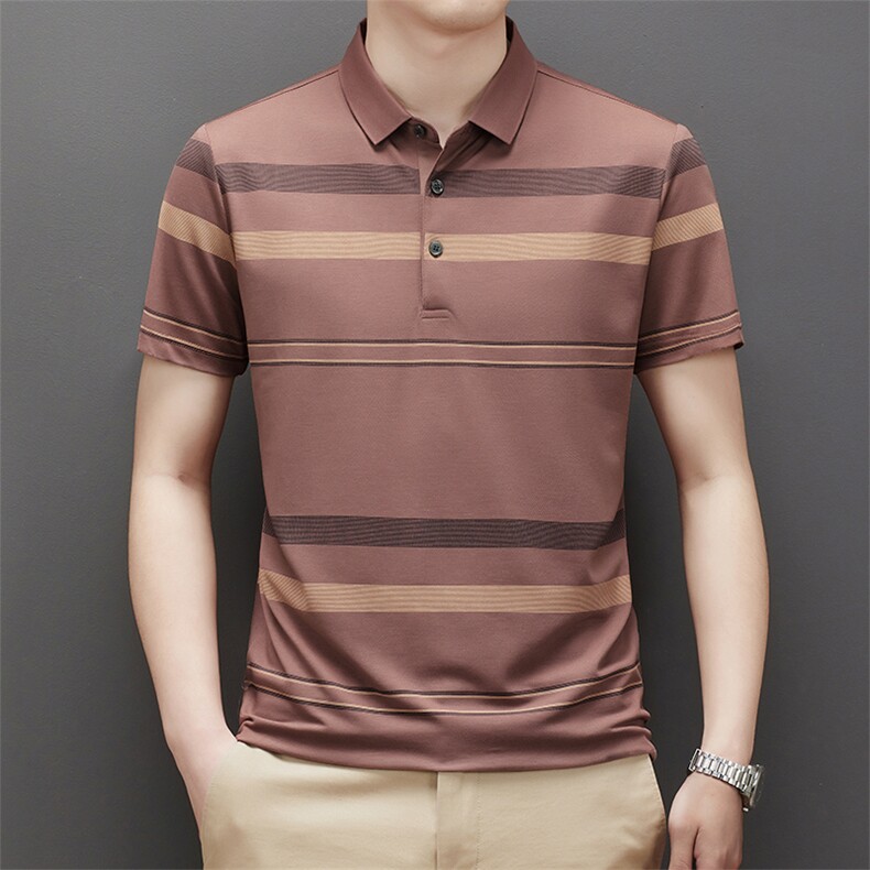 中年男士短袖POLO衫2023夏季新款条纹翻领商务休闲免烫男打底上衣，男装Polo衫，电商B212（原钱塘6029）