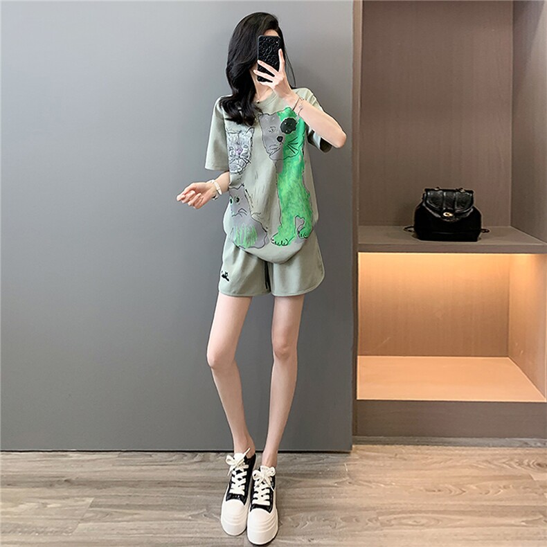 高级感时尚潮流套装女夏新款宽松圆领卡通印花上衣阔腿短裤两件套,女装套装/套裙,江南