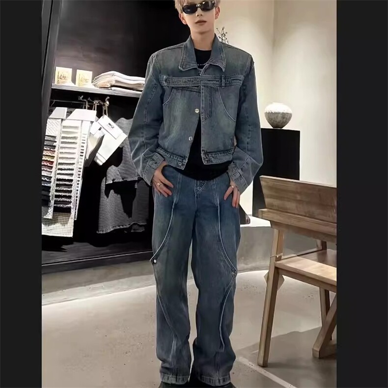 小众设计感复古水洗短款垫肩牛仔外套男金属卡扣拼接夹克JKX619,男装工装外套,星座516A