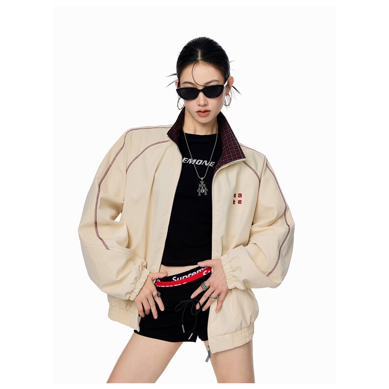 美式格子拼接红色外套秋季新款宽松拉链夹克运动上衣，男装夹克，星座1210-1