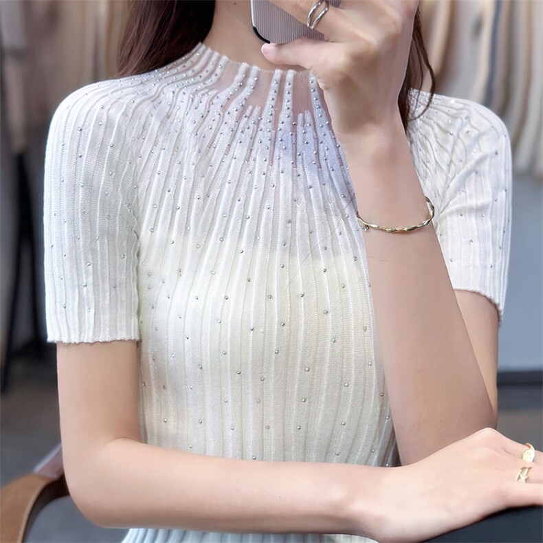 镶钻短袖2025年春季修身型套头半高领拼接针织衫，女装羊毛衫，朝贺羊绒