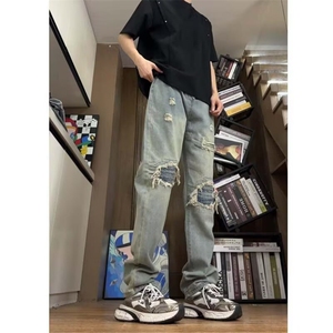 高街复古vibe风宽松破洞乞丐裤裂纹宽松直筒牛仔裤男潮RK3106-P45图片