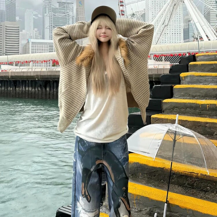 美式复古条纹毛领连帽卫衣男女款早秋穿搭慵懒风cleanfit开衫外套,女装短外套,星座218-8