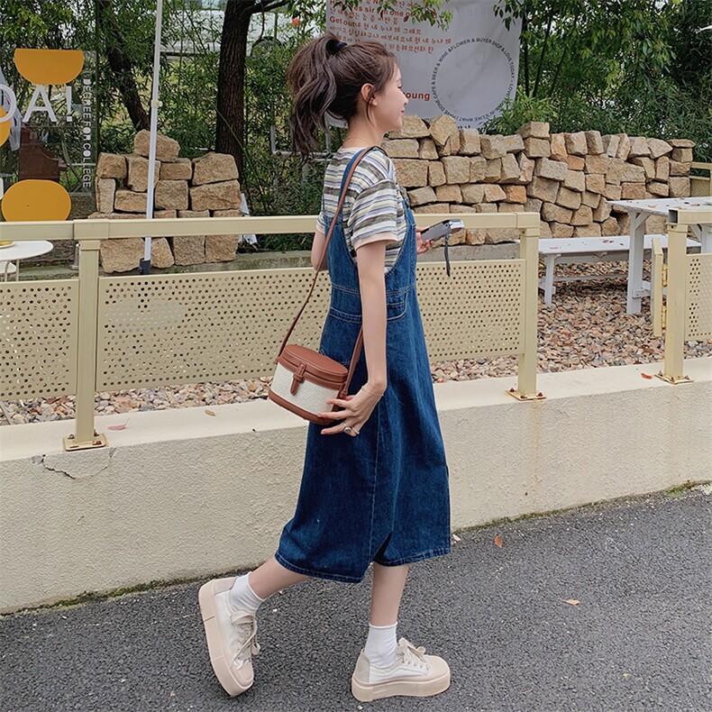 牛仔背带裙套装女夏季2023年新款设计小众小个子吊带连衣裙两件套,女装套装/套裙,一九零