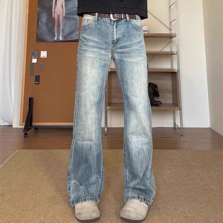 美式复古水洗浅蓝色cleanfit牛仔裤男女竹节纹微喇vintage直筒裤，男装牛仔裤，星座506A