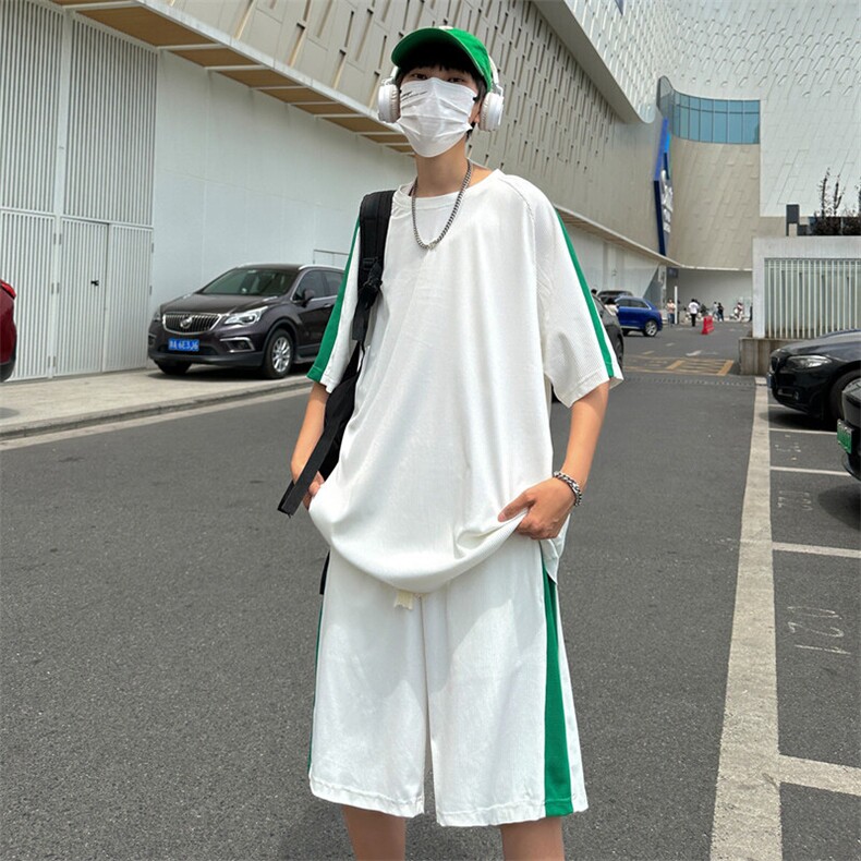 现货主推大码港风情侣拼接冰丝短袖T恤五分裤学生运动套装S07P50图片