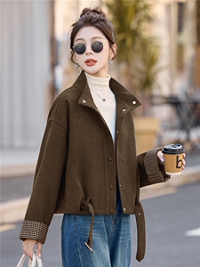 格纹拼接袖休闲立领短款外套女2025秋冬新款宽松百搭显瘦气质上衣图片