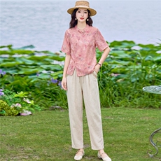 现货2026年夏季新款中式时尚两件套装女T恤小衬衫加天丝麻直筒裤，女装套装/套裙，璐依舞