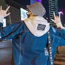 男式牛仔假两件破洞牛仔外套休闲个性潮流连帽夹克J，男装夹克，电商B226-2（原B217-2）