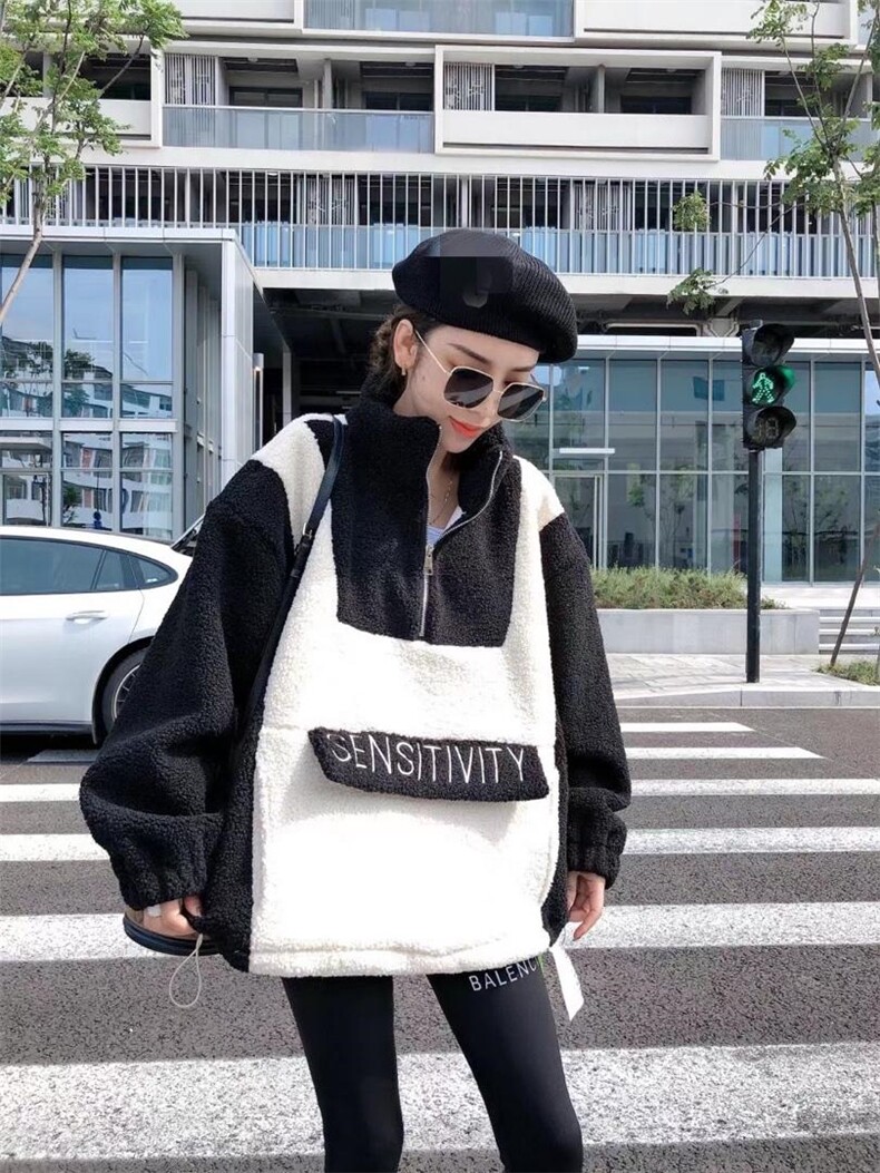 黑白颗粒绒卫衣，女装卫衣/绒衫，一杭