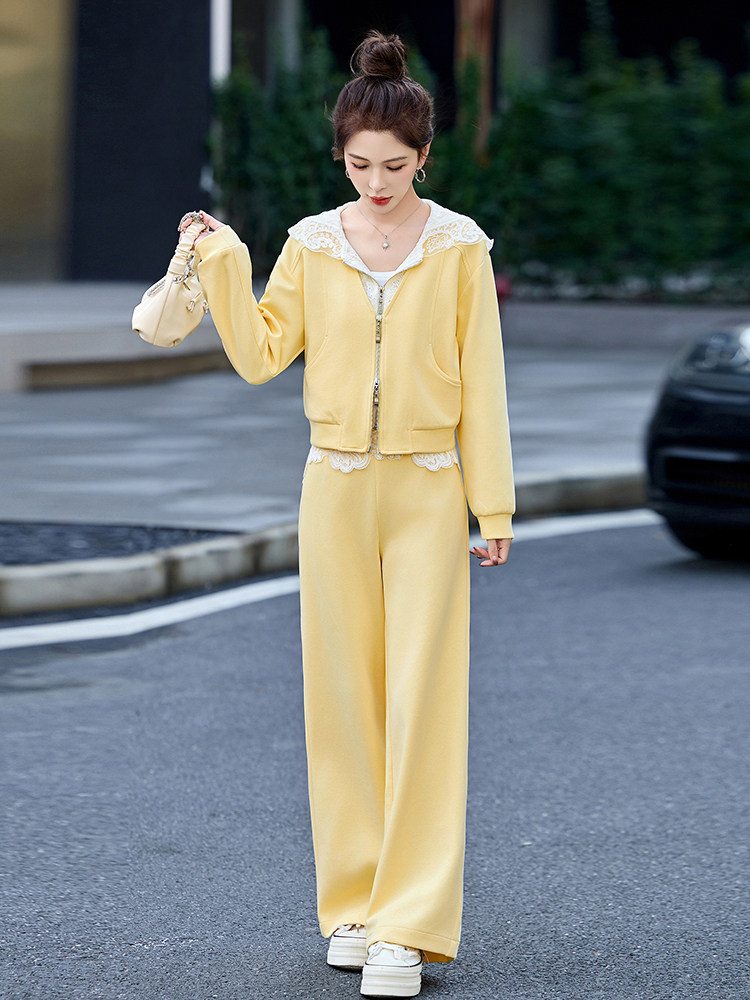 蕾丝连帽休闲运动套装女春秋2024新款小个子穿搭卫衣阔腿裤两件套,女装套装/套裙,梦依杭