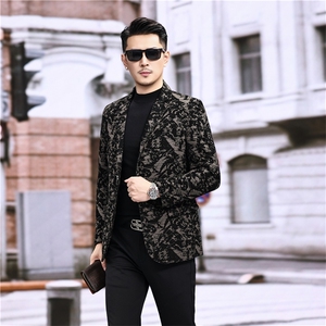 春秋款男士绵羊皮西服真皮休闲外套中年男装百搭通勤夹克地图纹图片