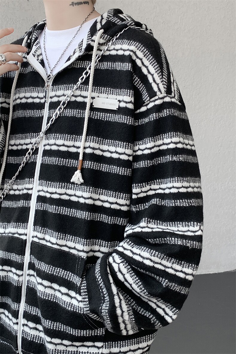 8XL-M潮情侣美式磨毛编织条纹针织衫卫衣宽松拉链外套WY30P88,男装针织衫/毛衣,电商D206-1