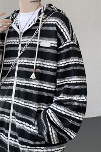 8XL-M 潮情侣美式磨毛编织条纹针织衫卫衣宽松拉链外套WY30P88图片