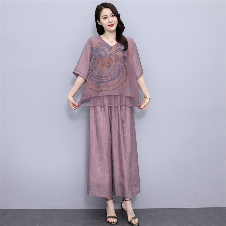 现货天丝麻冰丝大码女夏季2025新款垂感阔腿裤高级感宽松气质套装,女装套装/套裙,木橙西子