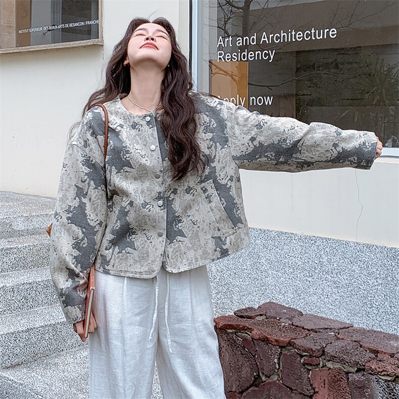 新中式复古水墨印花轻国风短款外套女设计感2025开春碎花迷彩夹克，女装短外套，慧尚2-185