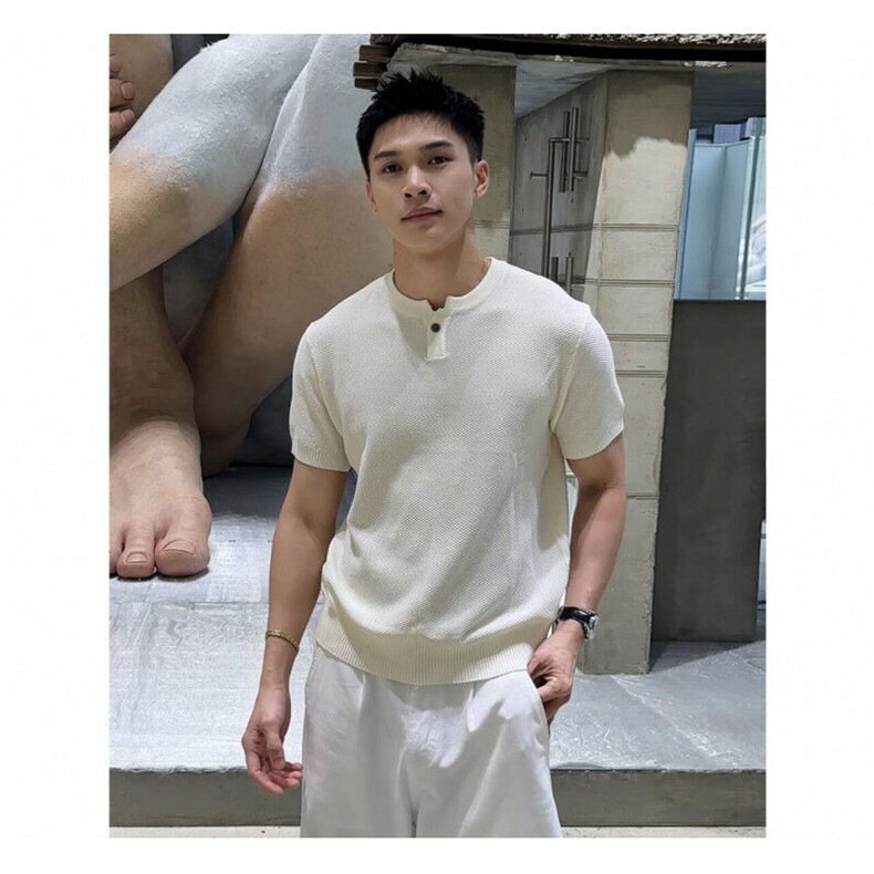 网格肌理老钱风亨利领纹理感针织衫短袖T恤25137/P55，男装T恤，电商A243