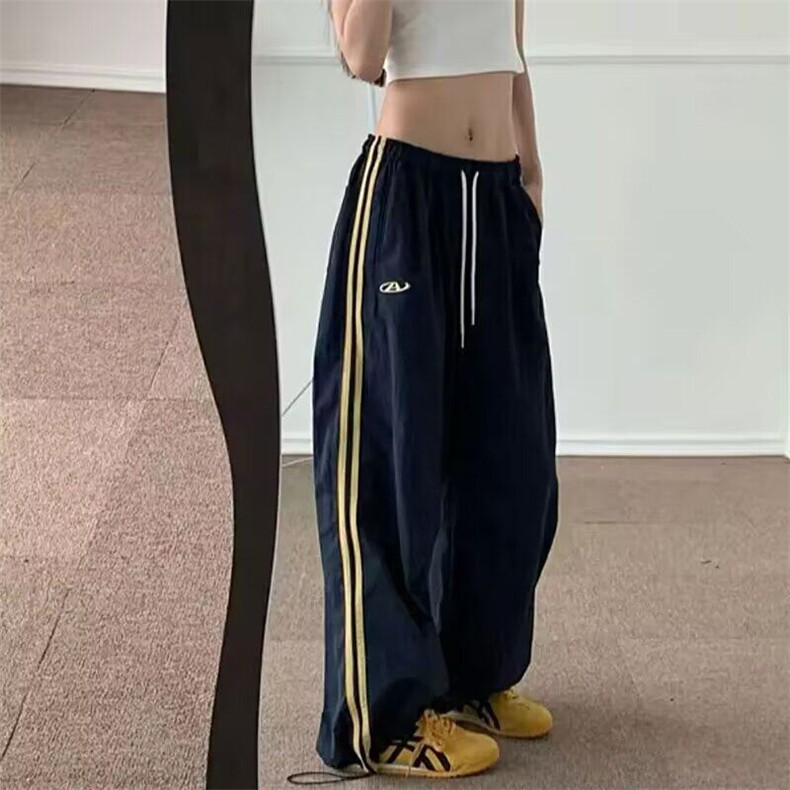 藏青色条纹爵士舞阔腿裤女夏季美式复古杠条速干束脚休闲拖地长裤,男装休闲裤,星座218-1（原230）