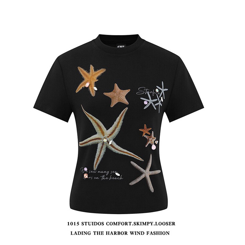 （女装）设计感海星烫钻正肩T恤小个子短款短袖1015-T544-P55，女装T恤，四季星座1015