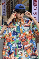夏季冰丝新款男士宽松港风卡通满印短袖T恤衬衫A071-C33-P38，男装衬衫，电商A071