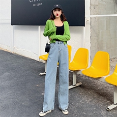 现货！2021春装新款百搭浅色高腰阔腿牛仔裤163-0831-P65，女装牛仔裤，拾菱