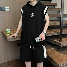 无袖套装男士韩版潮流拼色T恤连帽2024夏季宽松五分裤W5833-P50，男装牛仔裤，星座412-3
