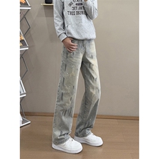 B221高品质美式ins高街暗黑宽松喷墨牛仔裤LK25472-特P45控78，男装牛仔裤，电商B221