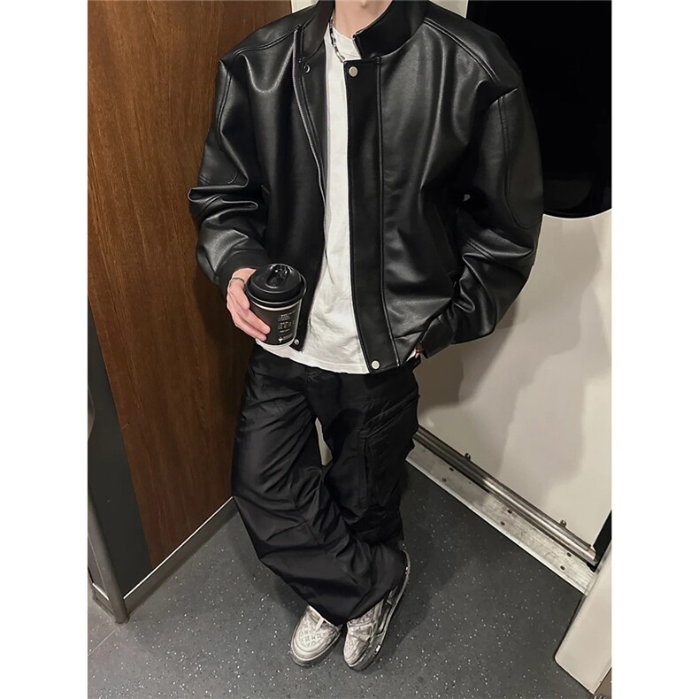 （网图现货）潮流垫肩百搭皮衣短款夹克外套1209-1-JK20-P70，男装皮衣，星座1209-1