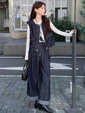 2025年秋季新款时尚潮流牛仔配色两件套裤，女装套装/套裙，超帛