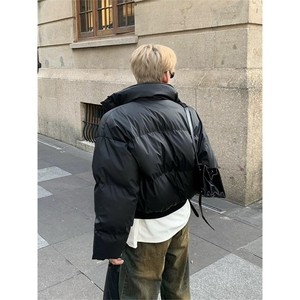 现货5W件冬季三防重磅硬挺boxy短款羽绒立领PU皮棉衣外套加厚棉服图片