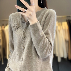 秋冬圆领100%羊毛开衫女重工刺绣钩花毛衣宽松百搭羊绒衫针织外套，女装羊毛衫，北娇羊绒