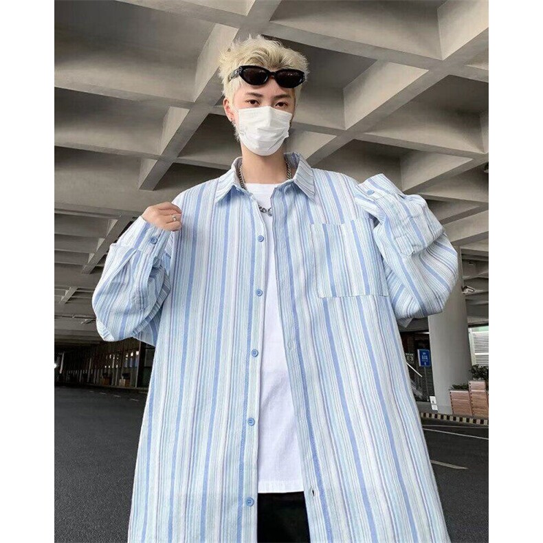 竖条纹长袖衬衫男春秋季款宽松休闲百搭翻领衬衣外套C152,男装衬衫,星座1116A-1（原606A）