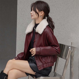 现货海宁f仿真皮皮衣女加绒加厚短款2024冬季新款女士宽松皮外套图片