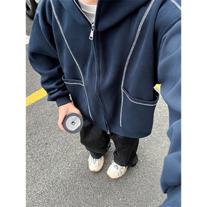 抖音得物高品质秋冬美式高街重磅结构辑明线纹理连帽卫衣外套W111图片