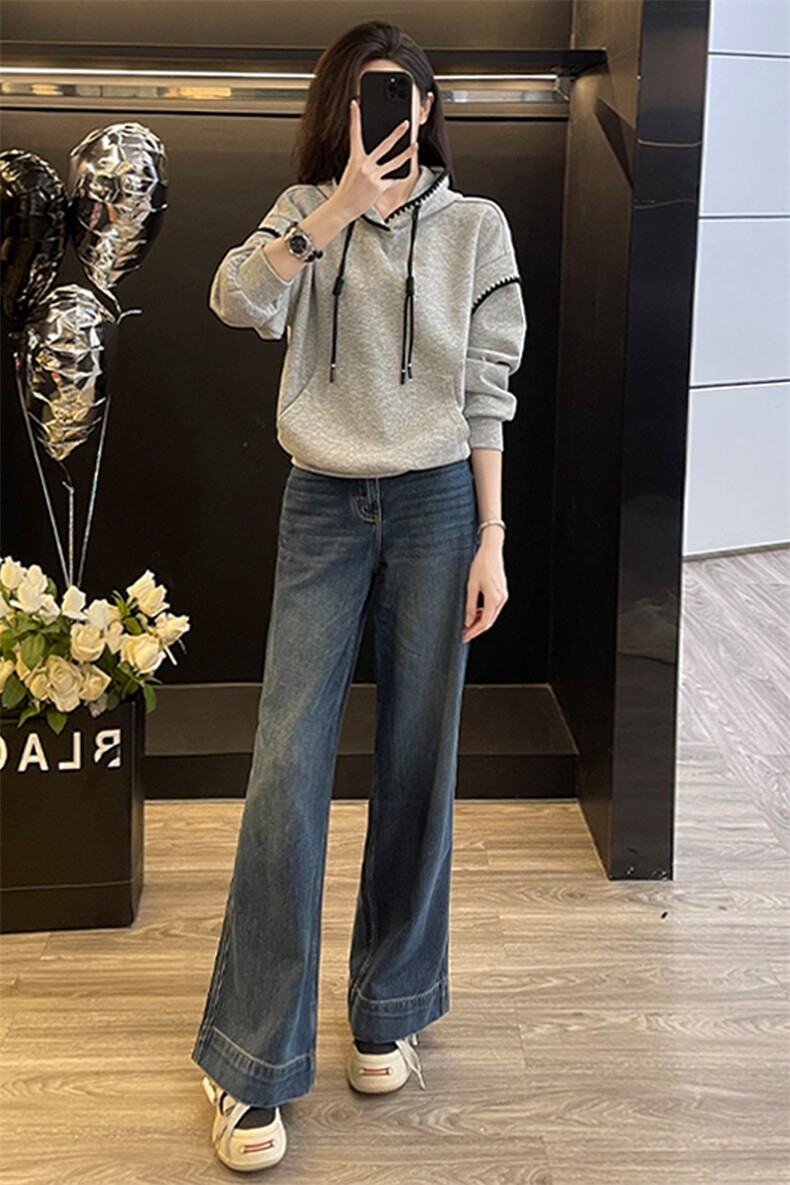 春款女连帽卫衣阔腿牛仔裤设计感显高两件套,女装套装/套裙,江南