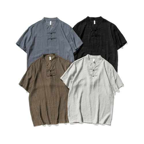 平铺大码风棉麻亚麻短袖盘扣衬衫唐装薄款汉服透气F18/P50,男装T恤,钱塘713