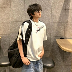 抖音得物高品质二开240克宽松纯棉美式潮牌三条杠织带短袖T恤，男装T恤，电商A486-1