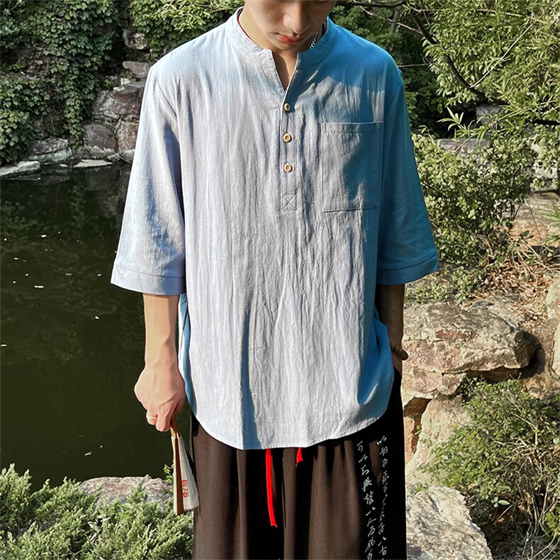 夏季棉麻复古V领五分袖衬衫T恤男MT2301-P45,男装T恤,电商A021