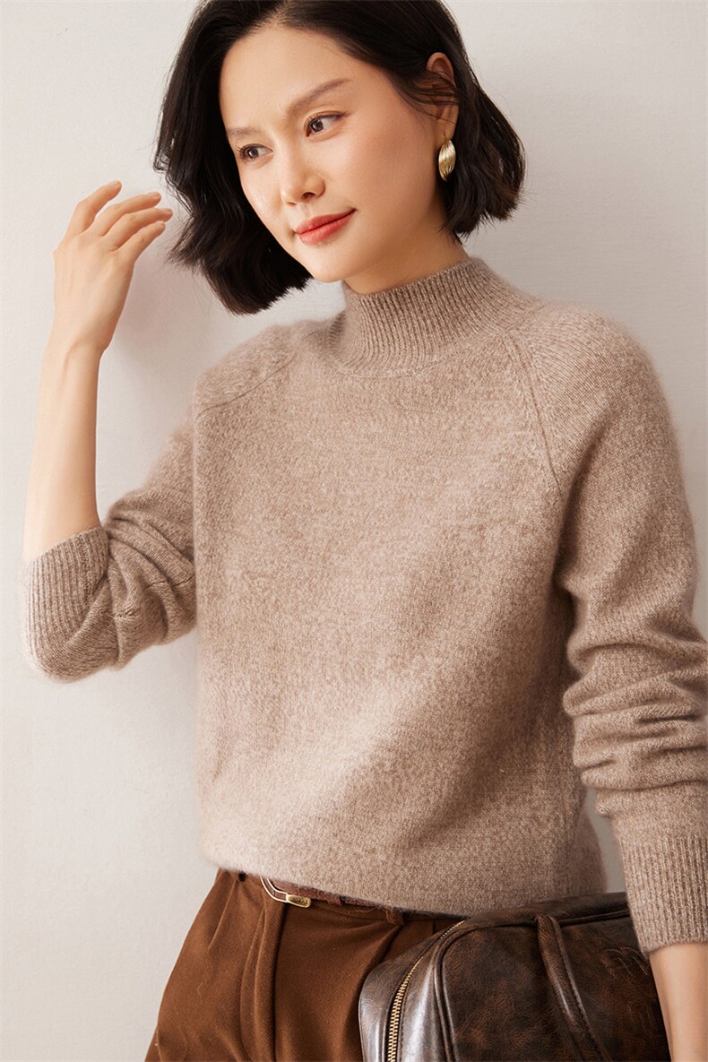 2025秋冬新款35%山羊绒女士7针花纱插肩半高领羊绒衫,女装羊绒衫,拓驰羊绒