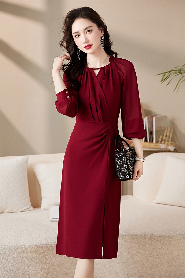 法式红色连衣裙女春季敬酒服新娘结婚当天便装订婚礼服平时可穿搭,女装连衣裙,尚娜萱