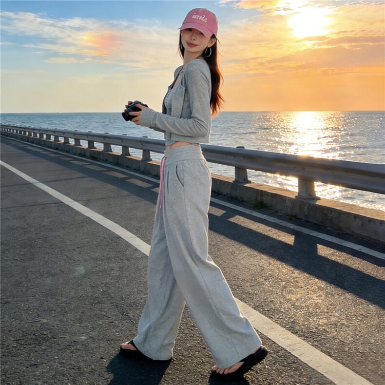 欧货慵懒风时尚套装女春季软糯短款开衫上衣内搭吊带阔腿裤三件套,女装套装/套裙,江南