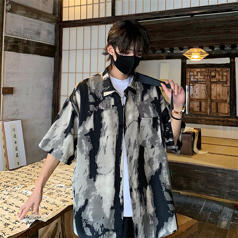 特批P25无差价25夏季风水墨画垂感冰丝休闲潮流短袖衬衫男CD894,男装衬衫,电商A001