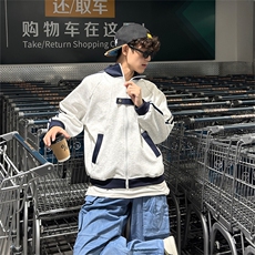 抖音得物品质美式高街重磅结构拼接织带翻领卫衣夹克外套AW11303，男装夹克，电商A443